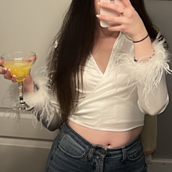 Satin Wrap Top with Feather Cuffs - Picture 3 of 5